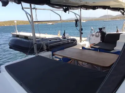 Deck of Loki, a Lagoon 42 catamaran at Piombino, Italy