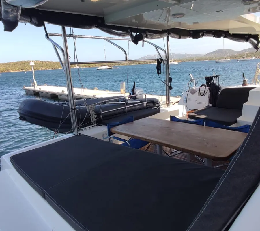 Deck of Loki, a Lagoon 42 catamaran at Piombino, Italy