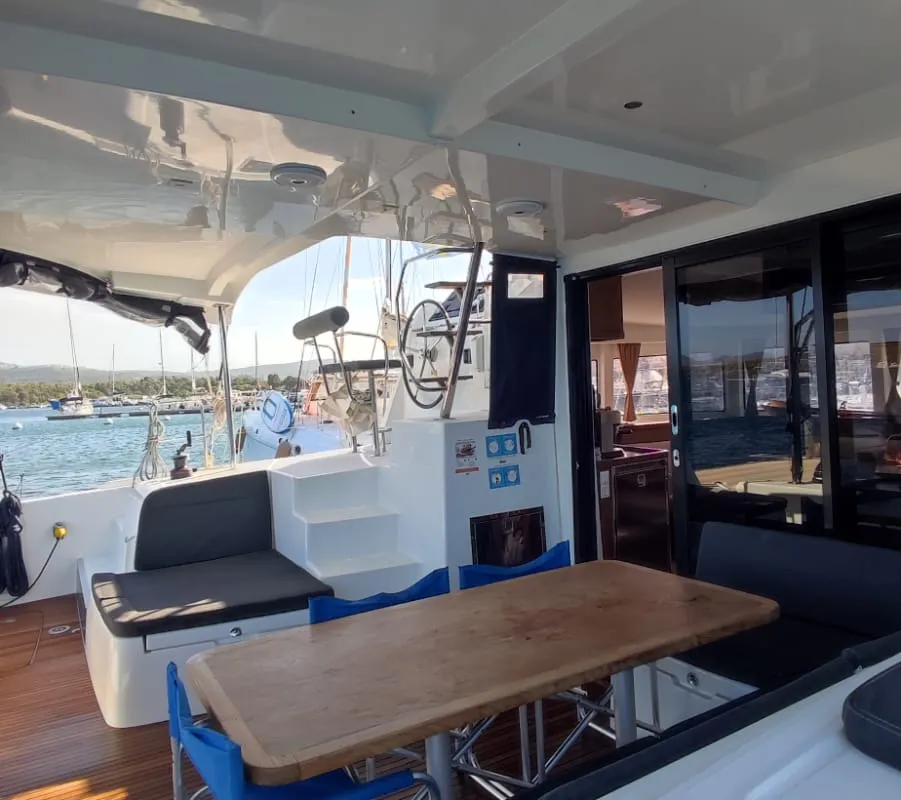 Deck of Loki, a Lagoon 42 catamaran at Piombino, Italy