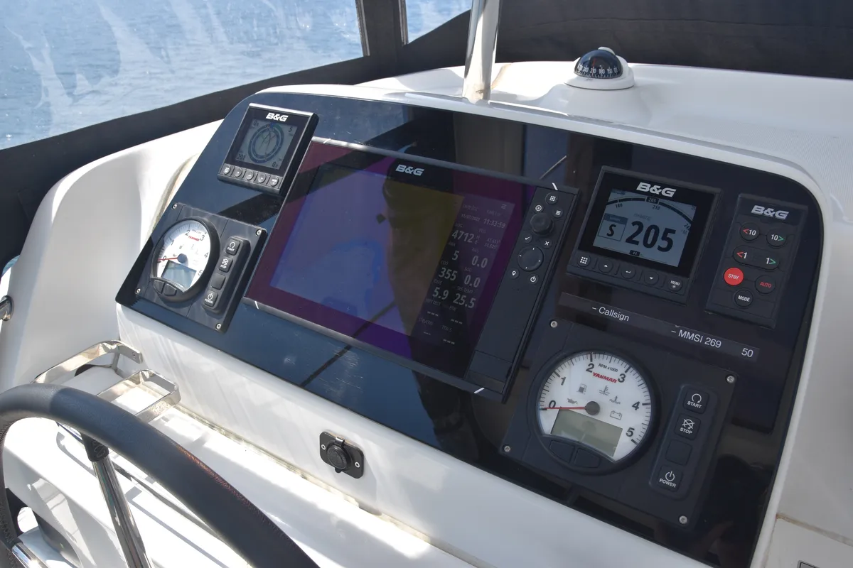 Cockpit of Loki, a Lagoon 42 catamaran at Piombino, Italy