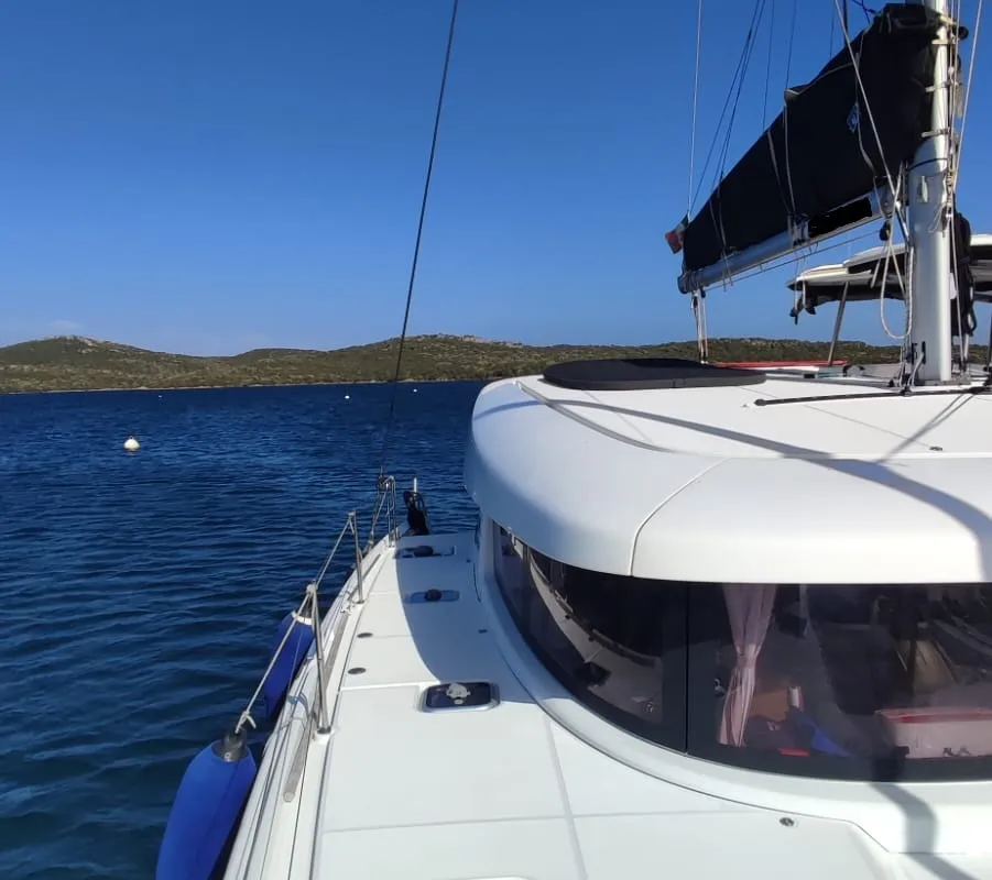 Exterior view of Loki, a Lagoon 42 catamaran at Piombino, Italy