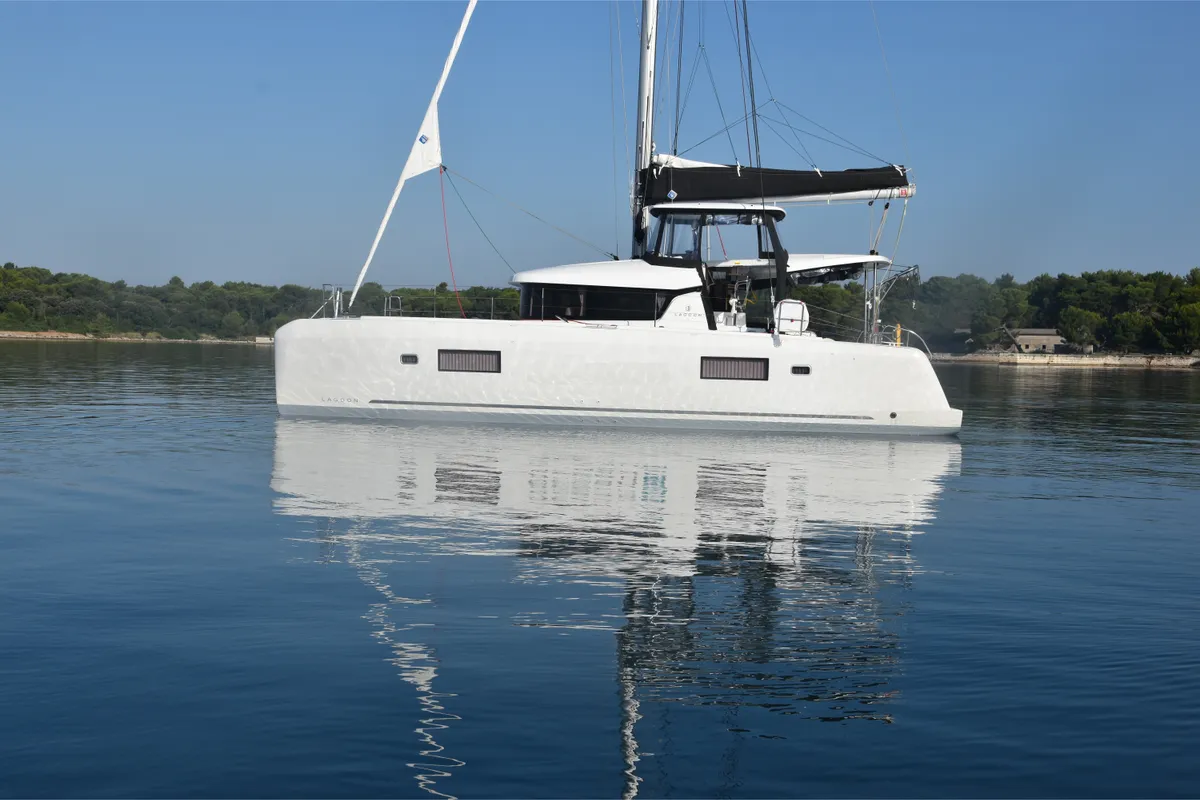 Exterior view of Loki, a Lagoon 42 catamaran at Piombino, Italy