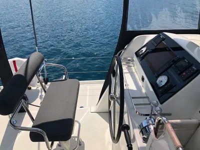 Cockpit of Loki, a Lagoon 42 catamaran at Piombino, Italy