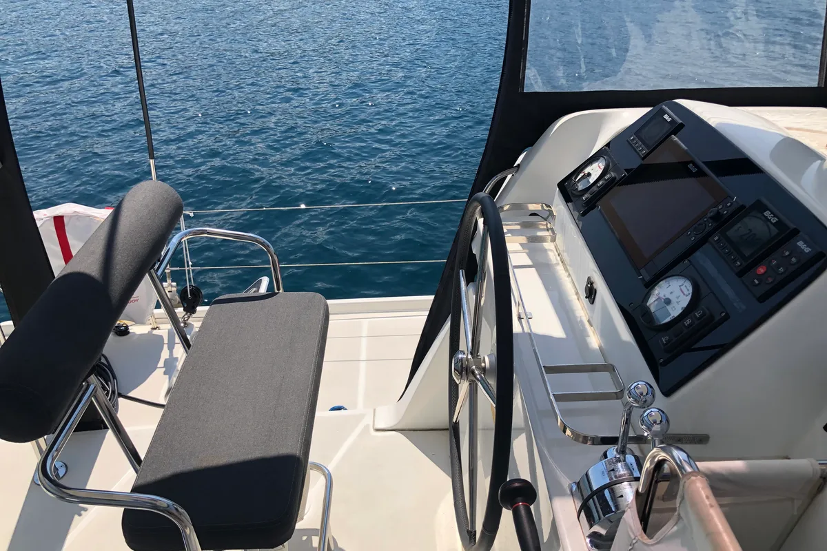 Cockpit of Loki, a Lagoon 42 catamaran at Piombino, Italy