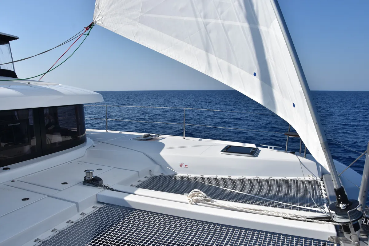 Deck of Loki, a Lagoon 42 catamaran at Piombino, Italy