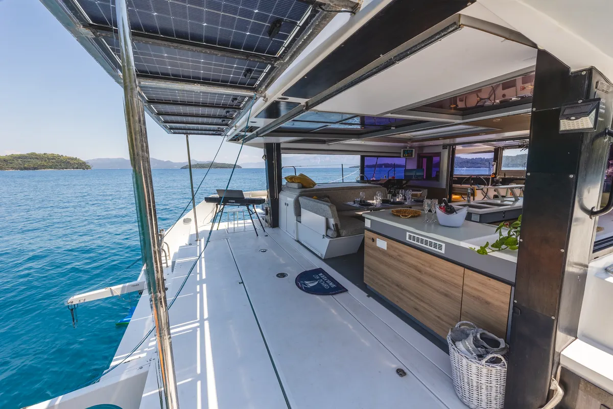 Deck of Stardust, a Gulet Windelo 54 catamaran at Municipal Unit of Lefkada, Greece