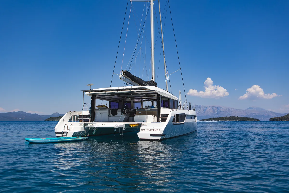 Exterior view of Stardust, a Gulet Windelo 54 catamaran at Municipal Unit of Lefkada, Greece