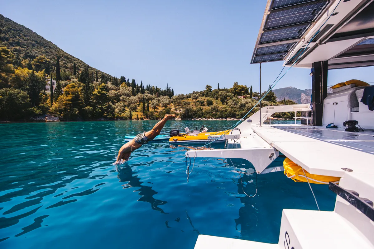 Exterior view of Stardust, a Gulet Windelo 54 catamaran at Municipal Unit of Lefkada, Greece