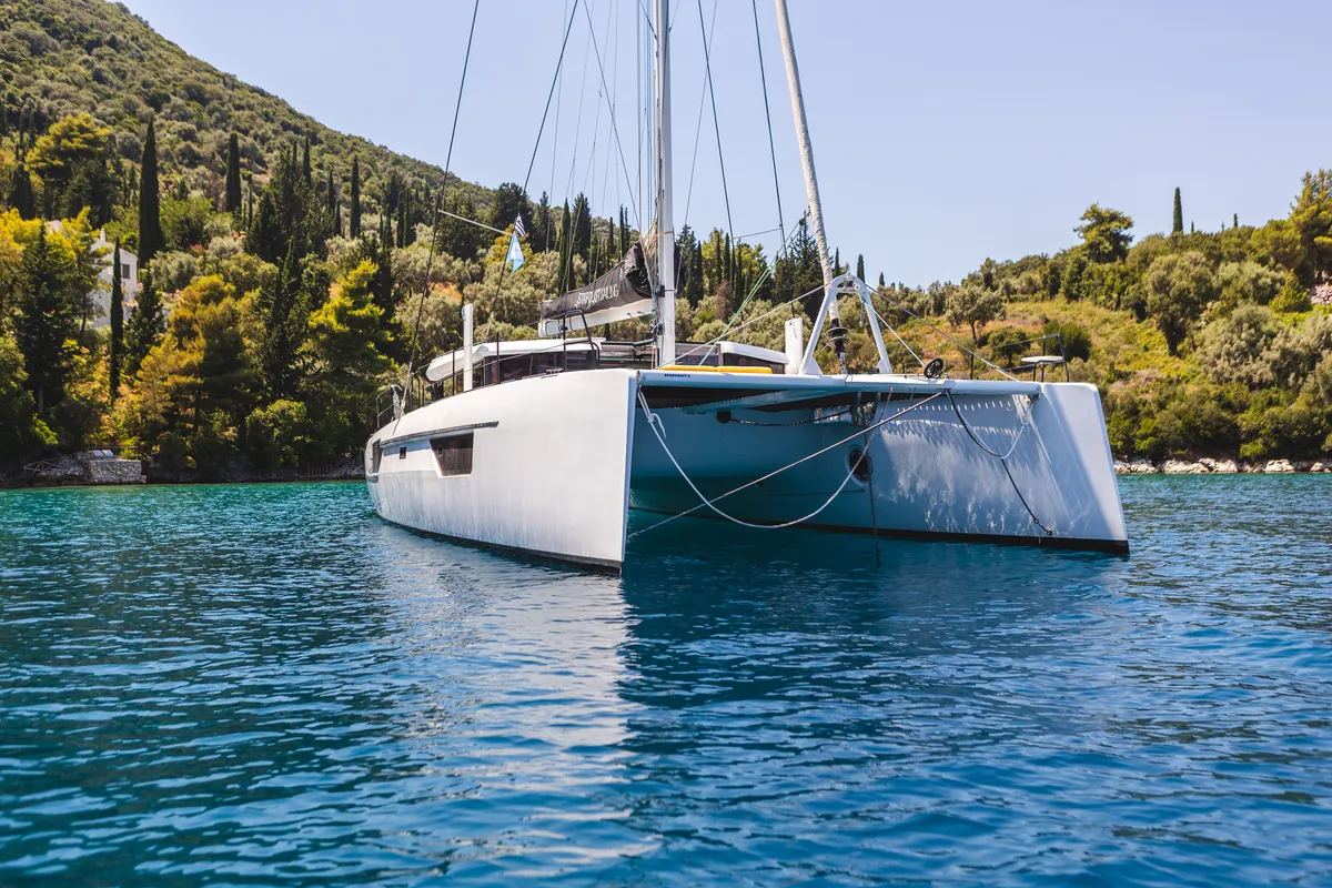 Exterior view of Stardust, a Gulet Windelo 54 catamaran at Municipal Unit of Lefkada, Greece