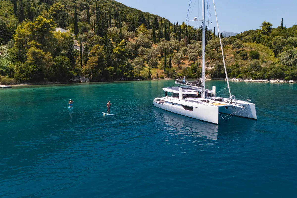 Exterior view of Stardust, a Gulet Windelo 54 catamaran at Municipal Unit of Lefkada, Greece