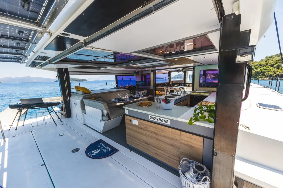 Deck of Stardust, a Gulet Windelo 54 catamaran at Municipal Unit of Lefkada, Greece