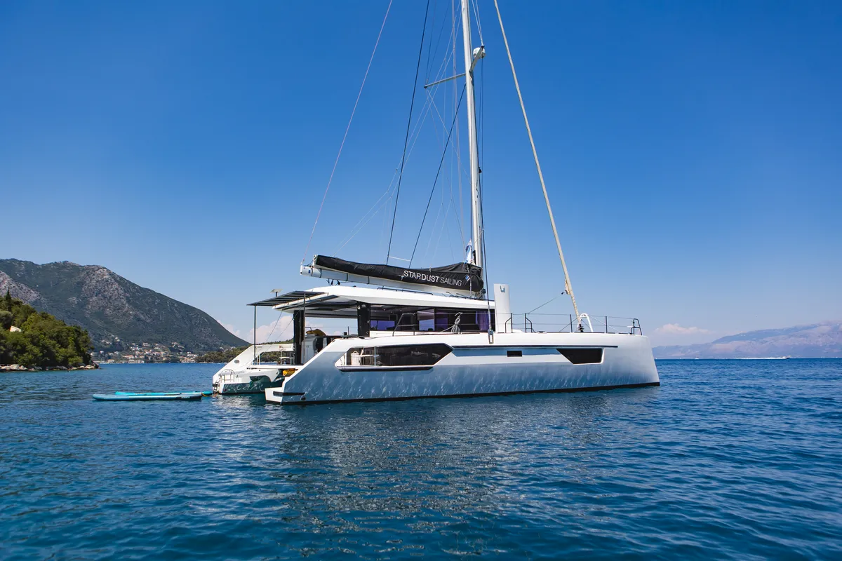 Exterior view of Stardust, a Gulet Windelo 54 catamaran at Municipal Unit of Lefkada, Greece