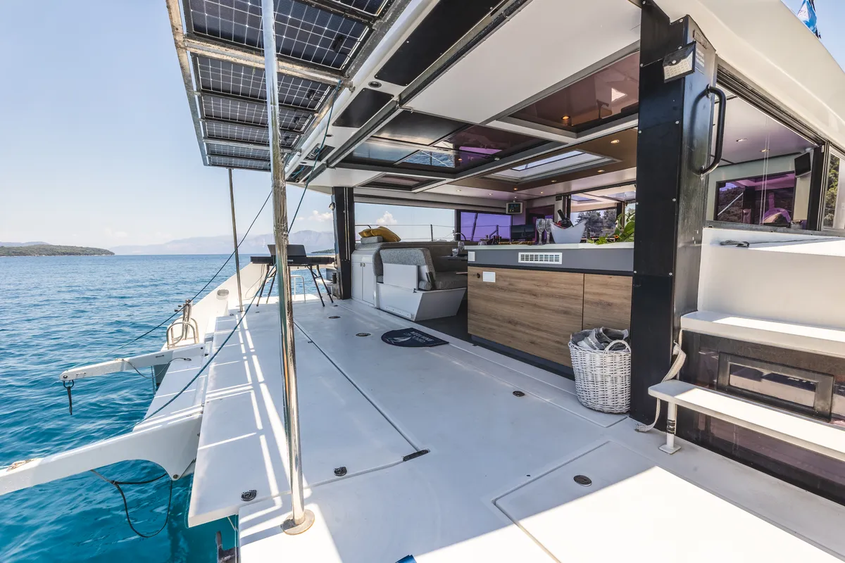 Deck of Stardust, a Gulet Windelo 54 catamaran at Municipal Unit of Lefkada, Greece
