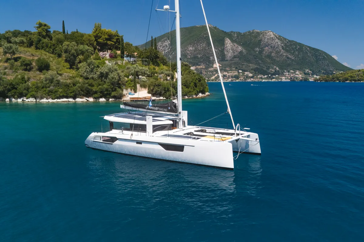 Exterior view of Stardust, a Gulet Windelo 54 catamaran at Municipal Unit of Lefkada, Greece
