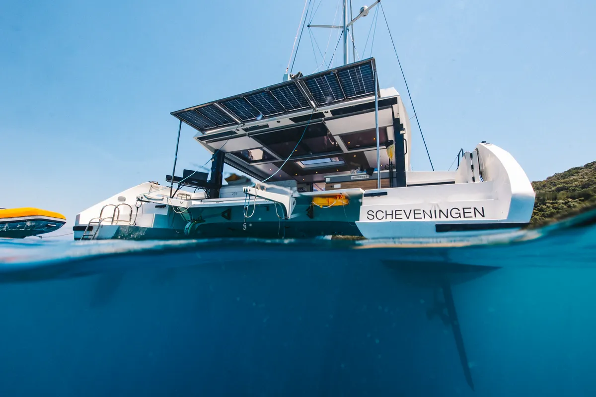 Exterior view of Stardust, a Gulet Windelo 54 catamaran at Municipal Unit of Lefkada, Greece