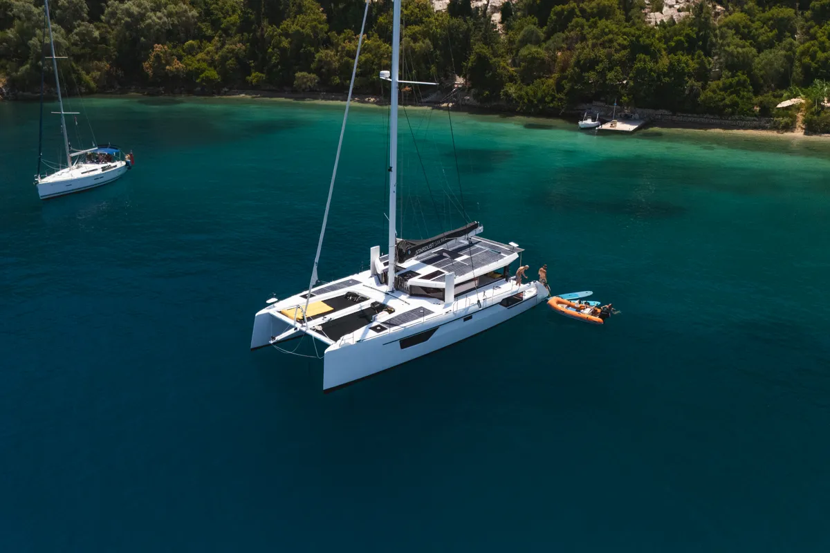 Exterior view of Stardust, a Gulet Windelo 54 catamaran at Municipal Unit of Lefkada, Greece