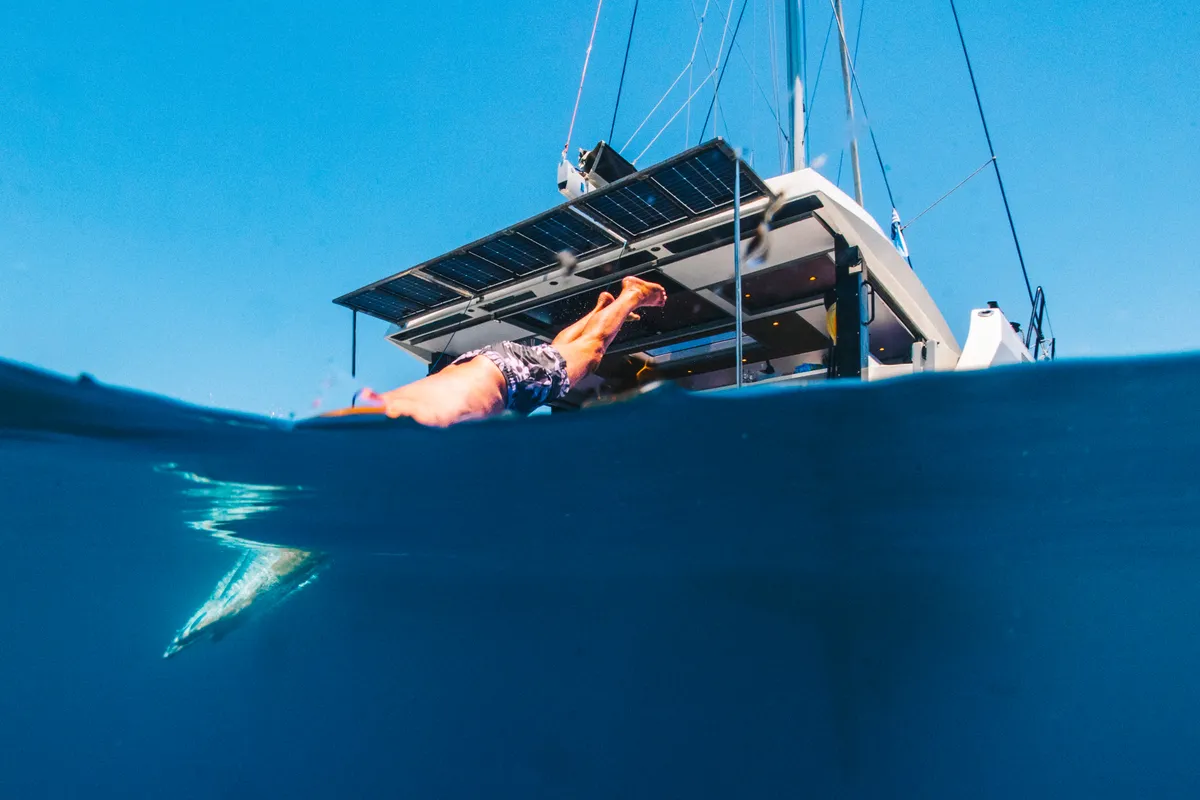 Exterior view of Stardust, a Gulet Windelo 54 catamaran at Municipal Unit of Lefkada, Greece