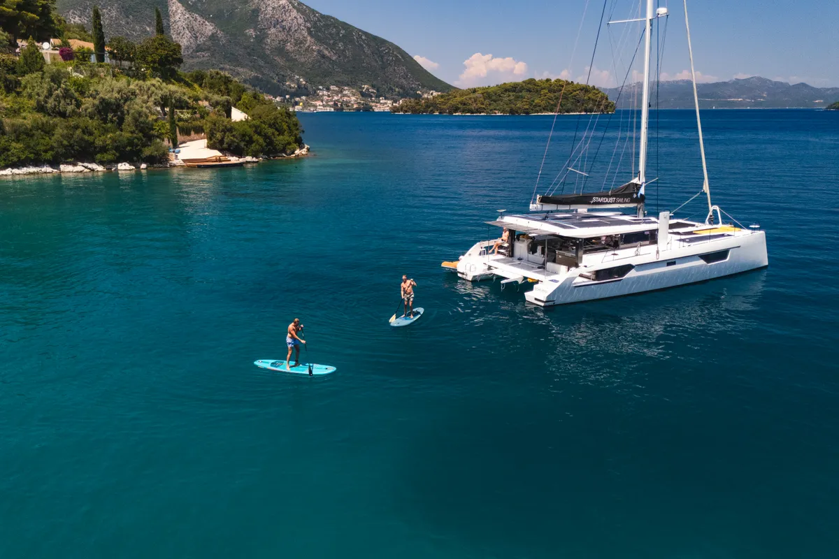 Exterior view of Stardust, a Gulet Windelo 54 catamaran at Municipal Unit of Lefkada, Greece
