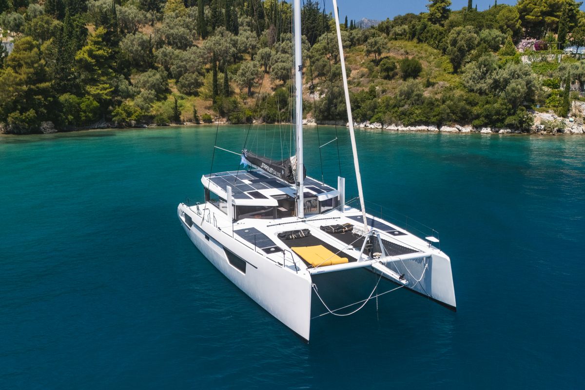 Exterior view of Stardust, a Gulet Windelo 54 catamaran at Municipal Unit of Lefkada, Greece