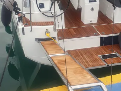 Deck of The Song Is You, a Jeanneau Sun Odyssey 410 sailboat at Tropea, Italy