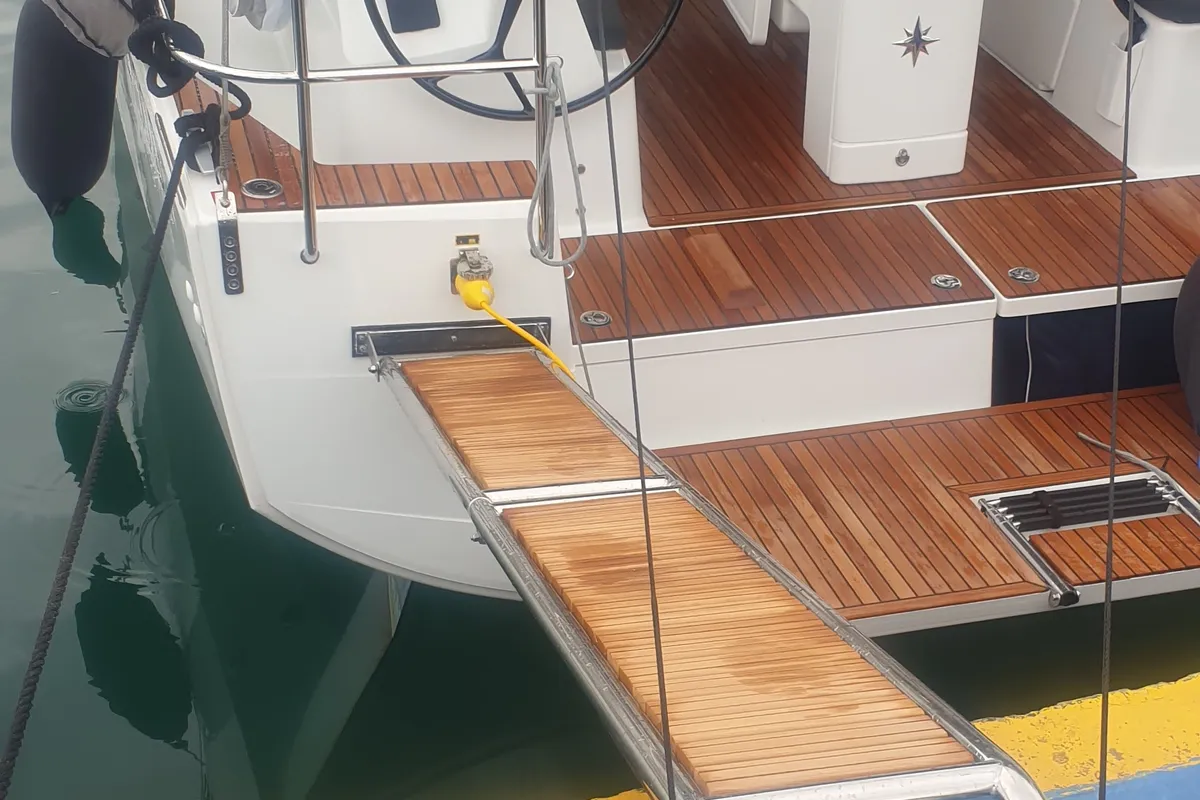 Deck of The Song Is You, a Jeanneau Sun Odyssey 410 sailboat at Tropea, Italy