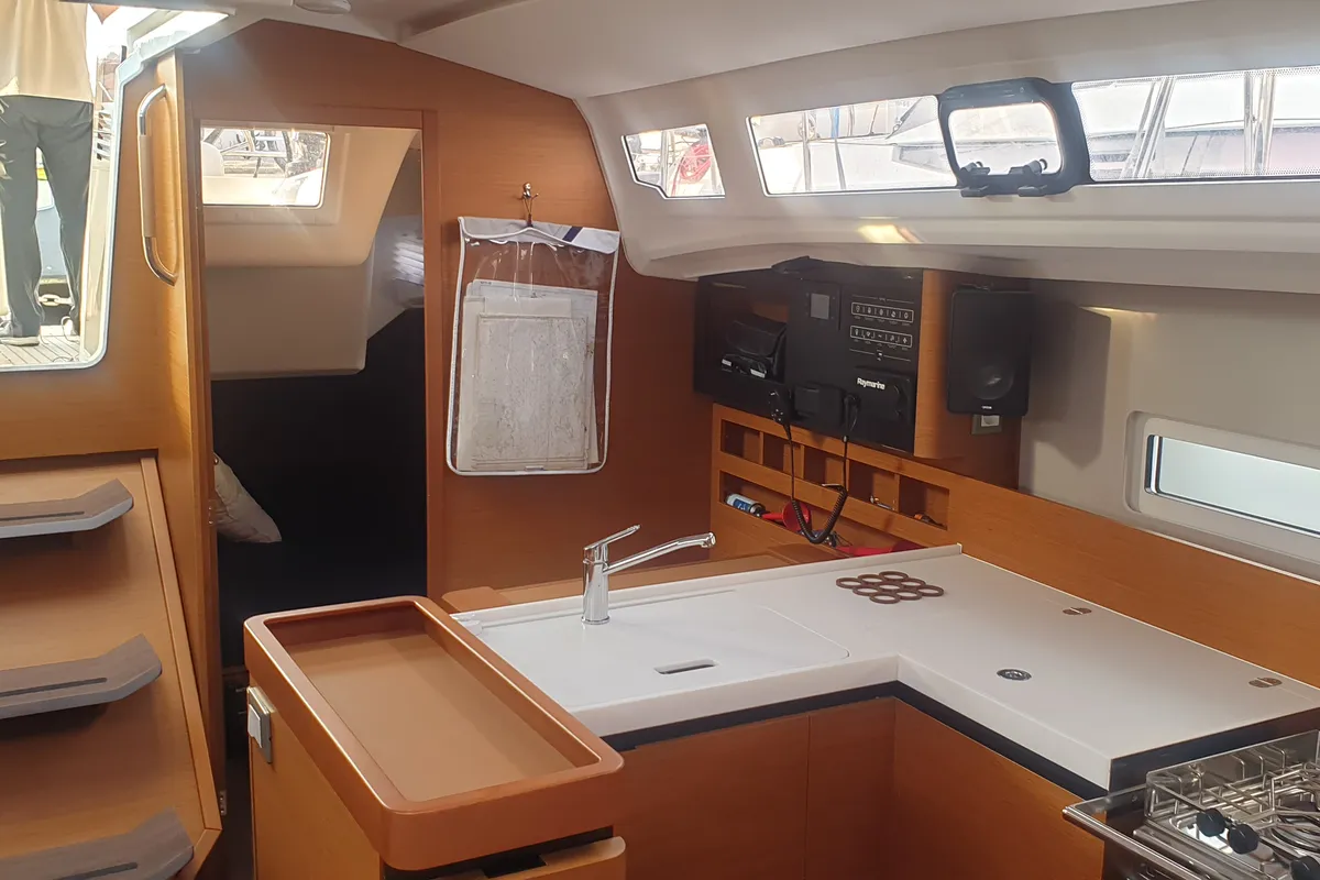 Galley of The Song Is You, a Jeanneau Sun Odyssey 410 sailboat at Tropea, Italy