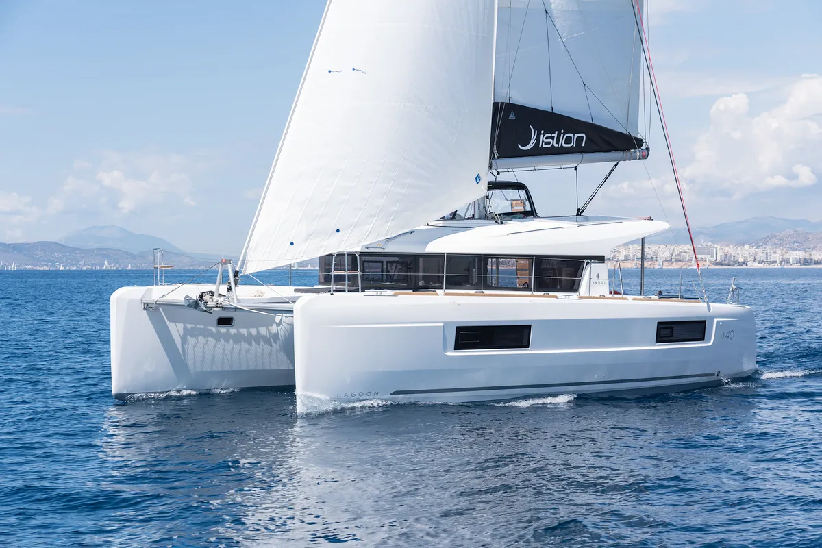 Exterior view of Nemo, a Lagoon 40 catamaran at Municipal Unit of Rhodes, Greece