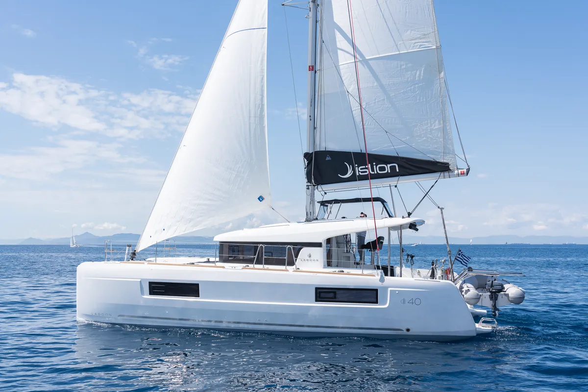 Exterior view of Nemo, a Lagoon 40 catamaran at Municipal Unit of Rhodes, Greece