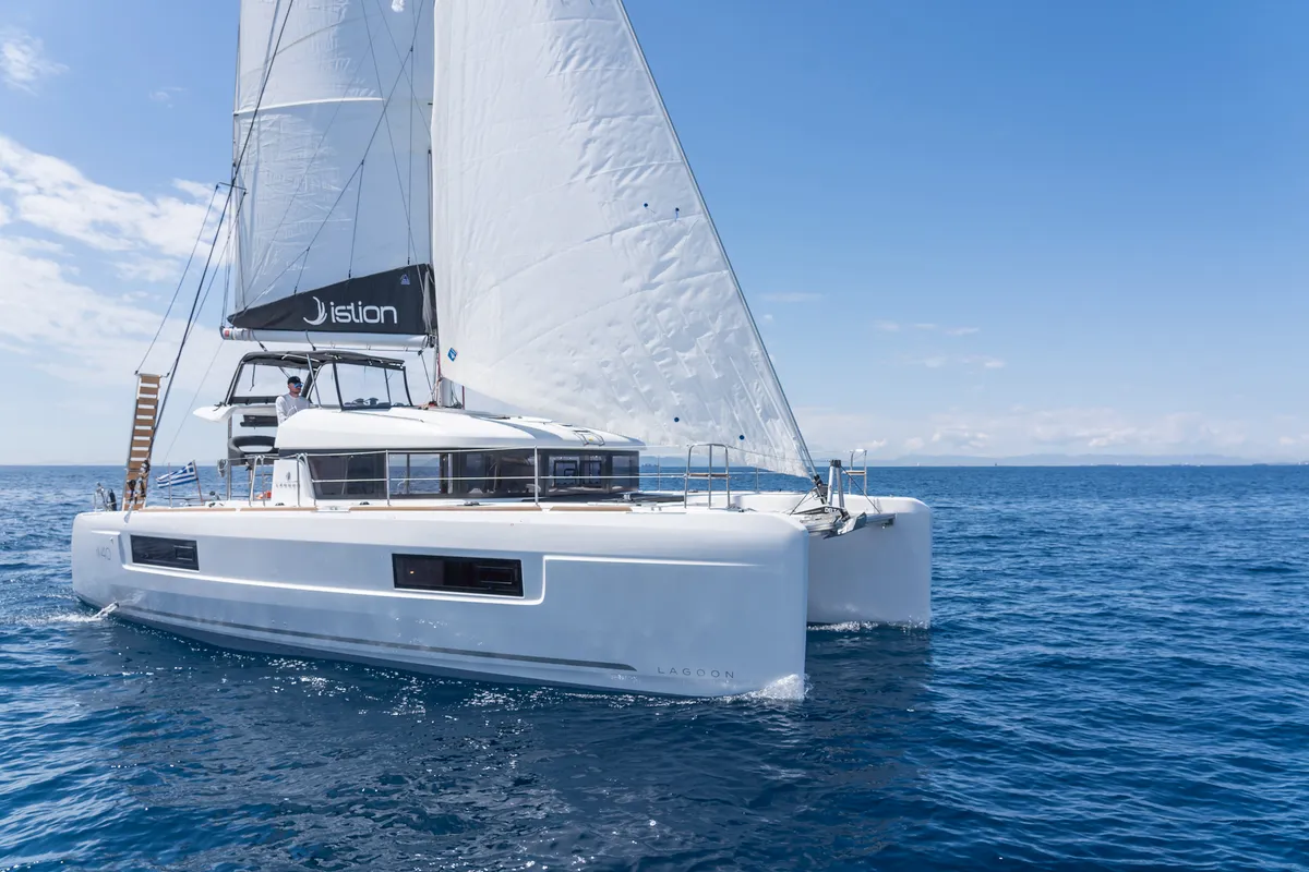 Exterior view of Nemo, a Lagoon 40 catamaran at Municipal Unit of Rhodes, Greece