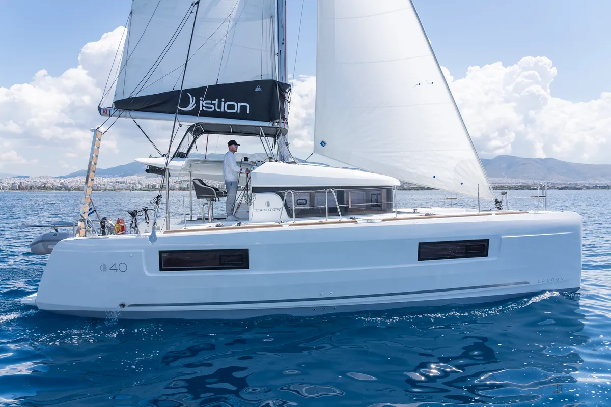 Exterior view of Nemo, a Lagoon 40 catamaran at Municipal Unit of Rhodes, Greece