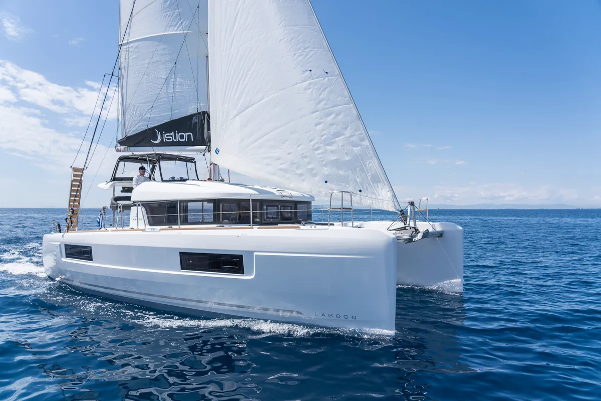 Exterior view of Nemo, a Lagoon 40 catamaran at Municipal Unit of Rhodes, Greece