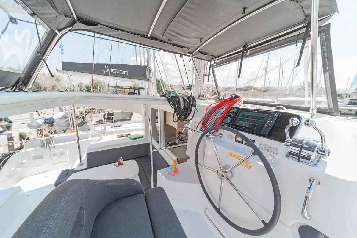 Cockpit of Nemo, a Lagoon 40 catamaran at Municipal Unit of Rhodes, Greece