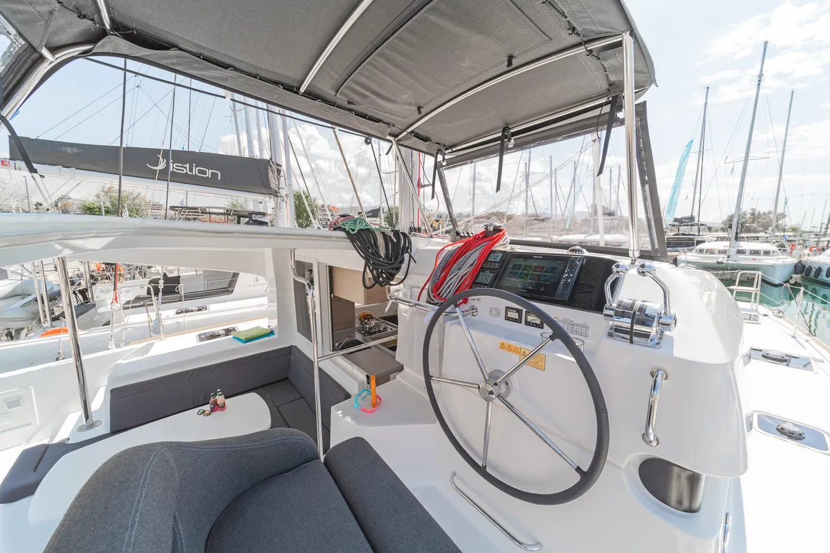 Cockpit of Nemo, a Lagoon 40 catamaran at Municipal Unit of Rhodes, Greece