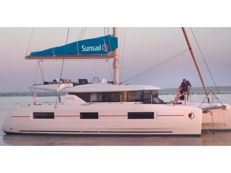Exterior view of Lagoon 46, a catamaran at Tonnarella, Italy