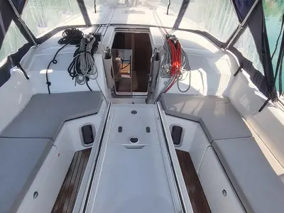Deck of Aries, a Beneteau Oceanis 40.1 sailboat at Salerno, Italy