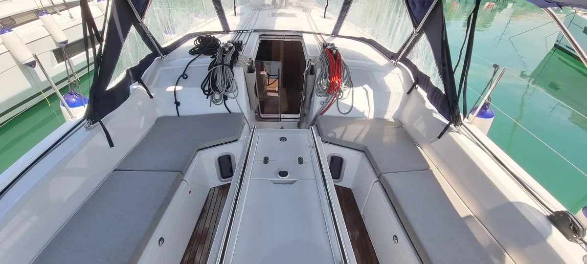 Deck of Aries, a Beneteau Oceanis 40.1 sailboat at Salerno, Italy
