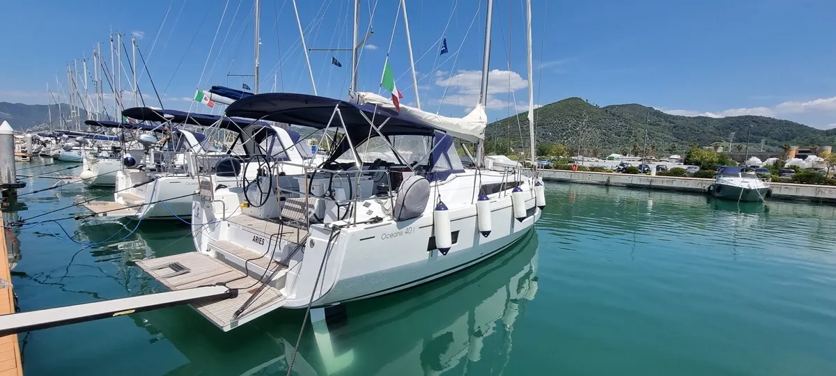 Exterior view of Aries, a Beneteau Oceanis 40.1 sailboat at Salerno, Italy