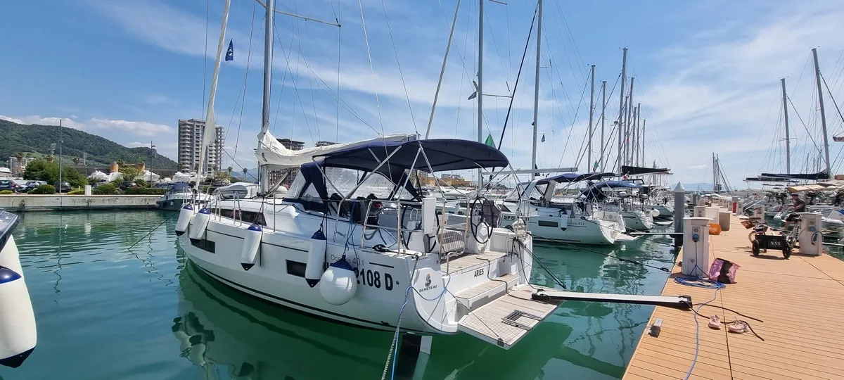 Exterior view of Aries, a Beneteau Oceanis 40.1 sailboat at Salerno, Italy