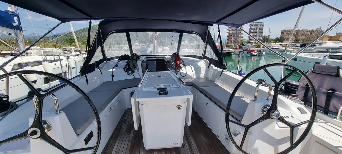 Cockpit of Aries, a Beneteau Oceanis 40.1 sailboat at Salerno, Italy