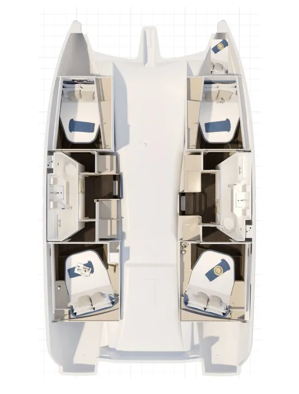 Floor plan of Mahi II, a Fountaine Pajot FP 41 Quatuor 4 catamaran at Ajaccio, France