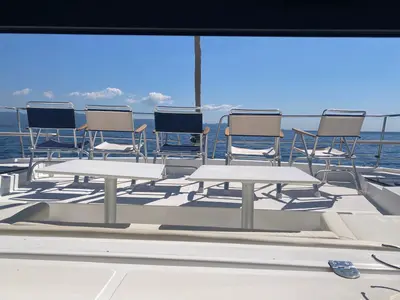 Deck of Dodo, a Bali 4.1 catamaran at Cagliari, Italy