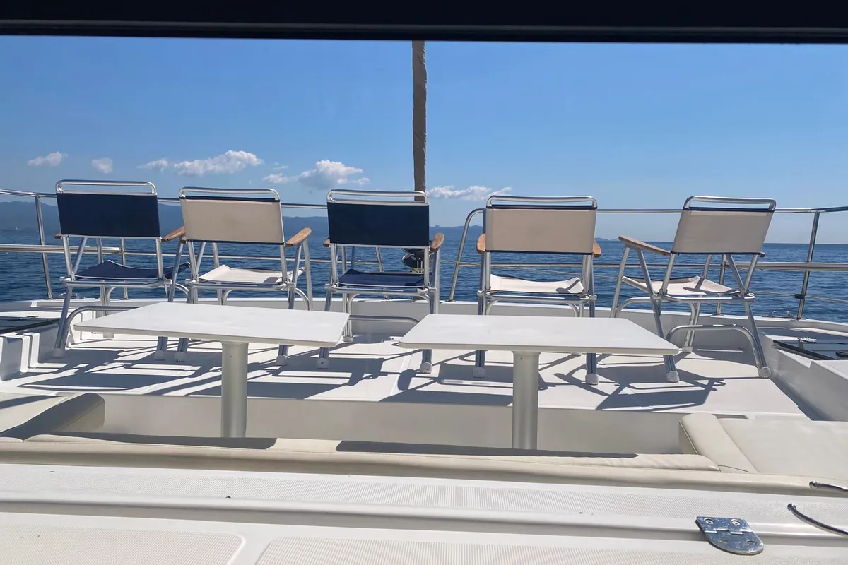 Deck of Dodo, a Bali 4.1 catamaran at Cagliari, Italy