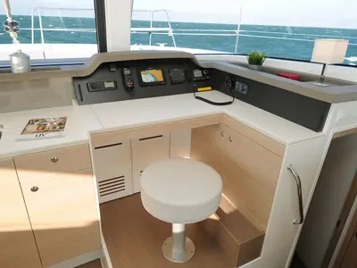 Cockpit of Dodo, a Bali 4.1 catamaran at Cagliari, Italy