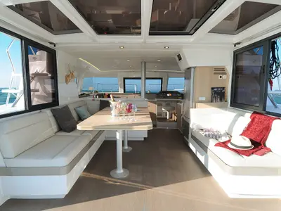 Salon of Dodo, a Bali 4.1 catamaran at Cagliari, Italy
