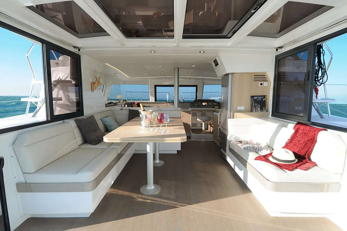 Salon of Dodo, a Bali 4.1 catamaran at Cagliari, Italy