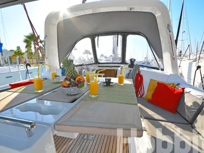Deck of Hobbit, a Beneteau Oceanis 35 sailboat at Kos, Greece