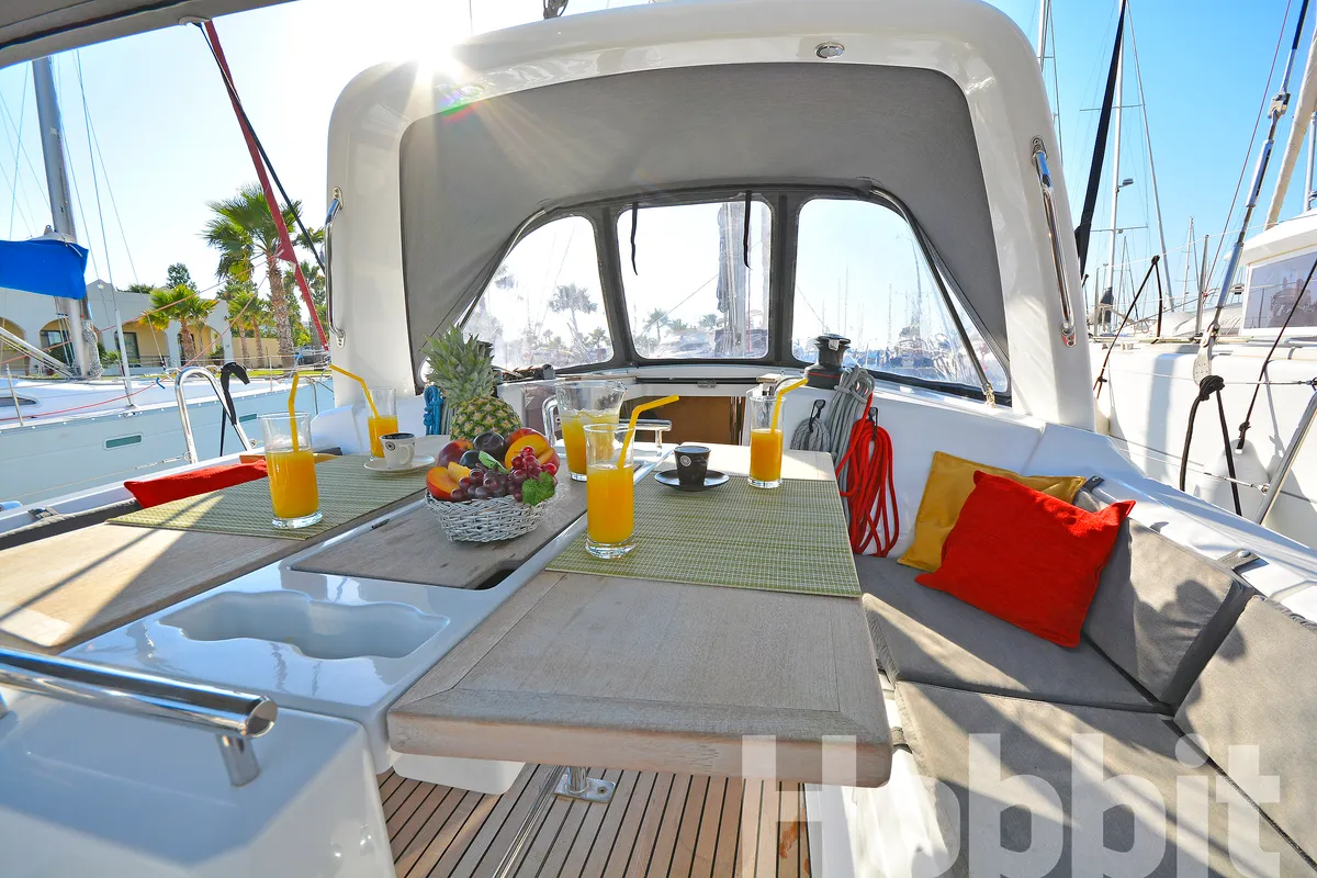 Deck of Hobbit, a Beneteau Oceanis 35 sailboat at Kos, Greece