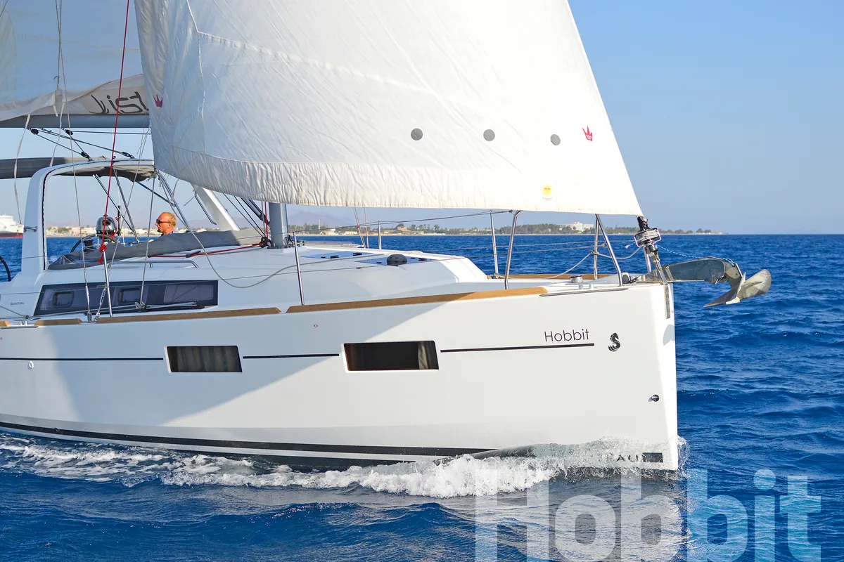 Exterior view of Hobbit, a Beneteau Oceanis 35 sailboat at Kos, Greece