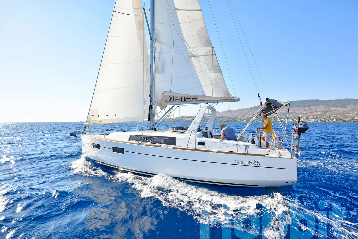 Exterior view of Hobbit, a Beneteau Oceanis 35 sailboat at Kos, Greece