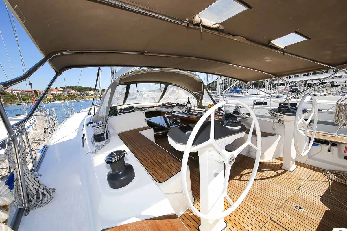 Cockpit of Domo, a Bavaria Cruiser 56 sailboat at Grad Pula, Croatia